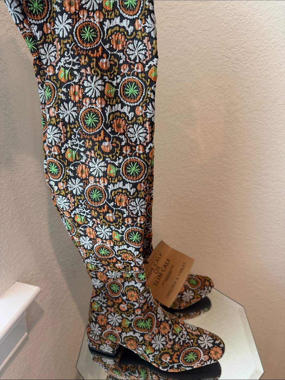 Chelsea & Violet Embroidered Floral Knee Boots in Black, Orange & Green